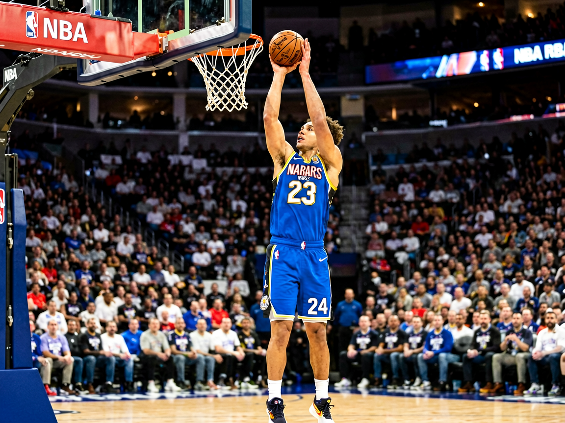 NBA篮球比赛现场，球员在三分线外投篮瞬间